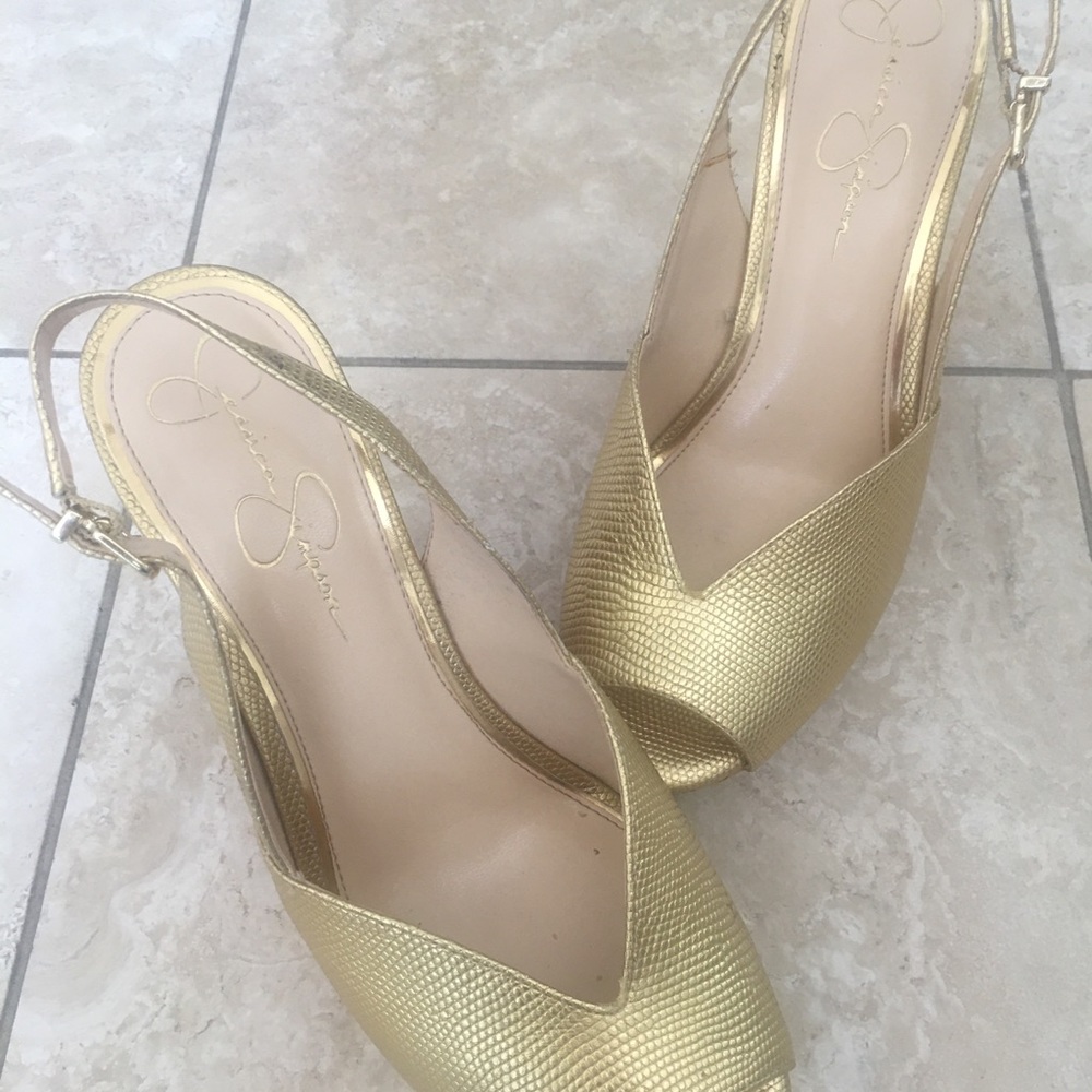 Jessica Simpson gold wedge sandals